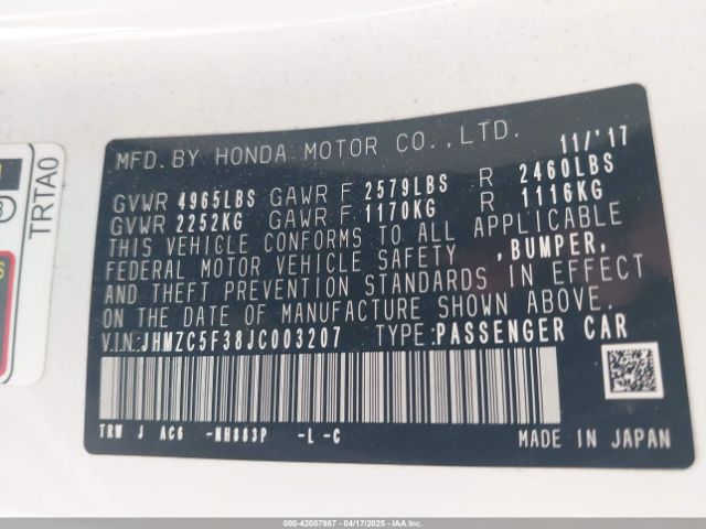 JHMZC5F38JC003207 Honda Clarity Plug-in Hybrid Touring