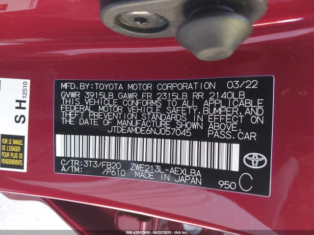 JTDEAMDE6NJ057045 Toyota Corolla Hybrid Le