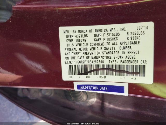 1HGCR2F70EA297566 Honda ACCORD EX
