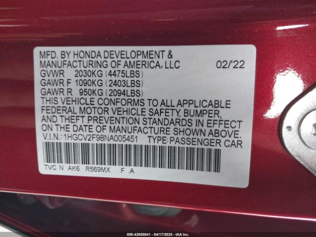 1HGCV2F98NA005451 Honda Accord Touring
