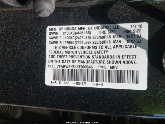 7FARW2H81KE000545 Honda Cr-v Ex-l