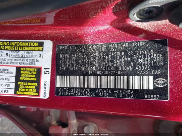 4T1B11HK5JU527586 Toyota CAMRY LE