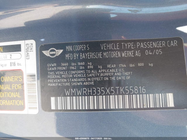2005 MINI COOPER S WMWRH335X5TK55816 Photo 8