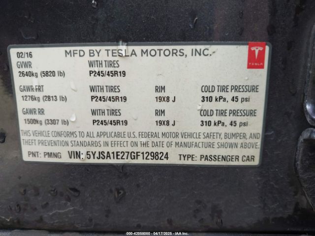 5YJSA1E27GF129824 Tesla Model S 60d/70d/75d/85d/90d