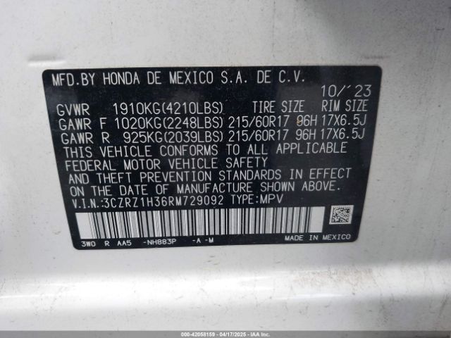3CZRZ1H36RM729092 Honda Hr-v 2wd Lx