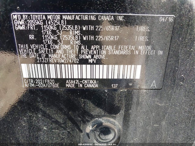 2T3ZFREV1GW274702 Toyota RAV4 LE
