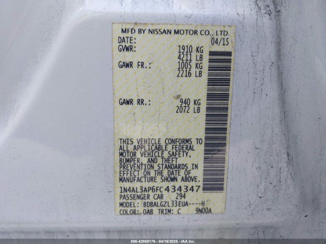 1N4AL3AP6FC434347 Nissan Altima 2.5 S