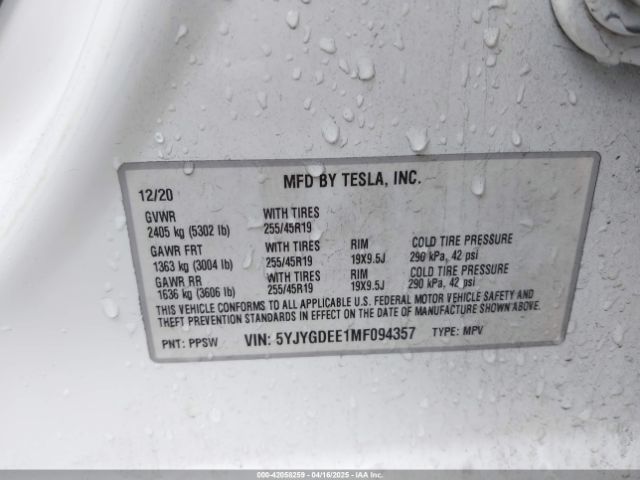 2021 TESLA MODEL Y 5YJYGDEE1MF094357 Photo 8