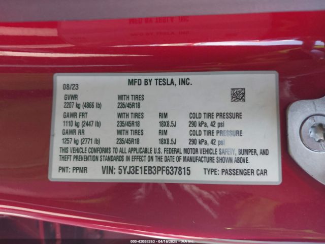 5YJ3E1EB3PF637815 Tesla Model 3 Long Range Dual Motor All-wheel Drive