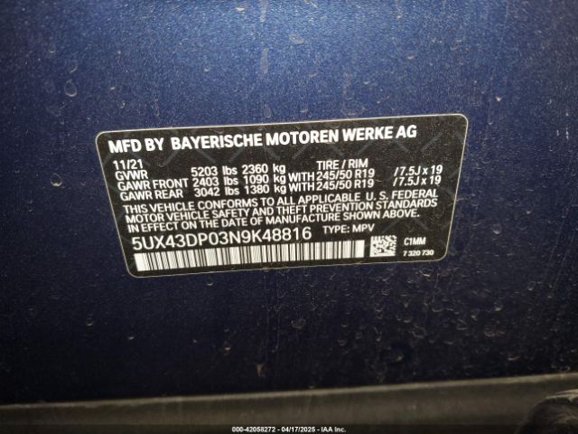 5UX43DP03N9K48816 BMW X3 Sdrive30i