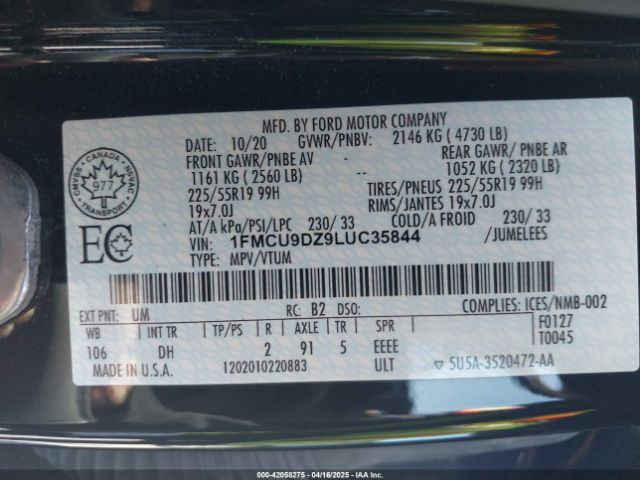 1FMCU9DZ9LUC35844 Ford Escape Titanium Hybrid