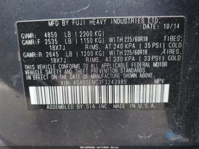 4S4BSENC3F3243985 Subaru Outback 3.6r Limited