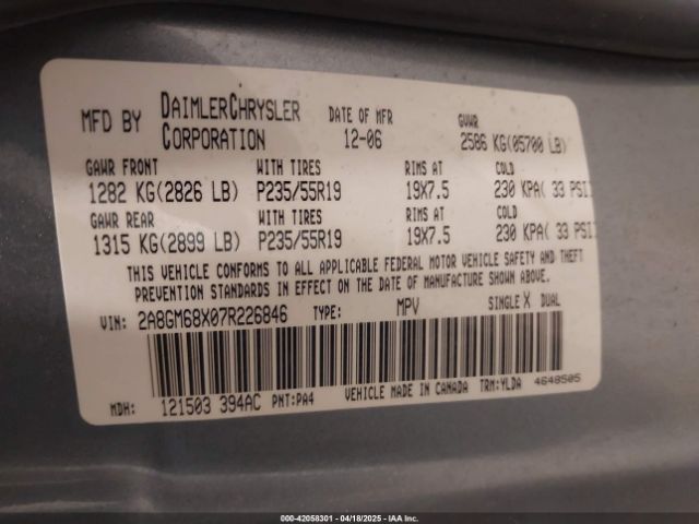 2007 CHRYSLER PACIFICA 2A8GM68X07R226846 Photo 8