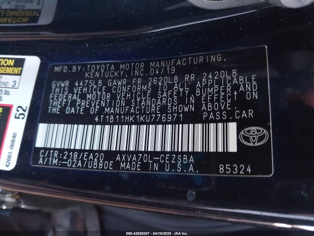 4T1B11HK1KU776971 Toyota CAMRY SE