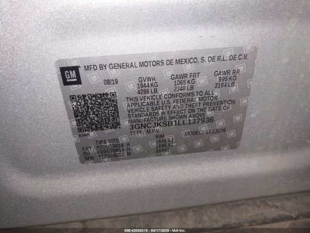 3GNCJKSB1LL137936 Chevrolet Trax Fwd Ls