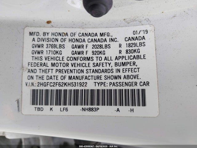 2HGFC2F62KH531922 Honda Civic Lx