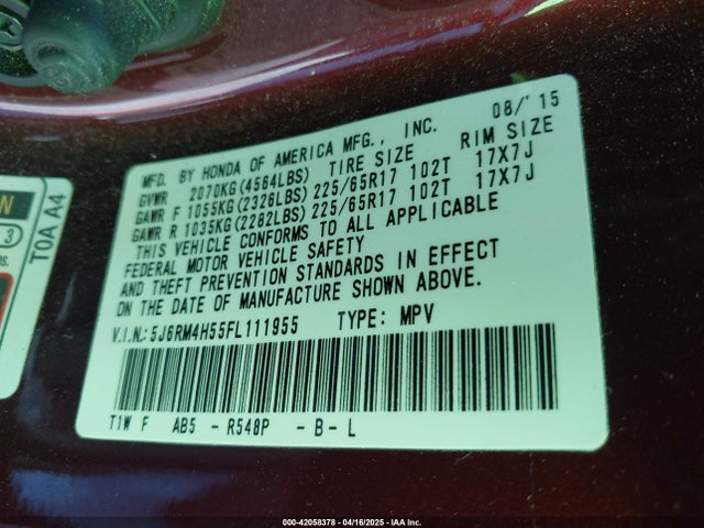 Honda CR-V EX 2015 5J6RM4H55FL111955 Image 9