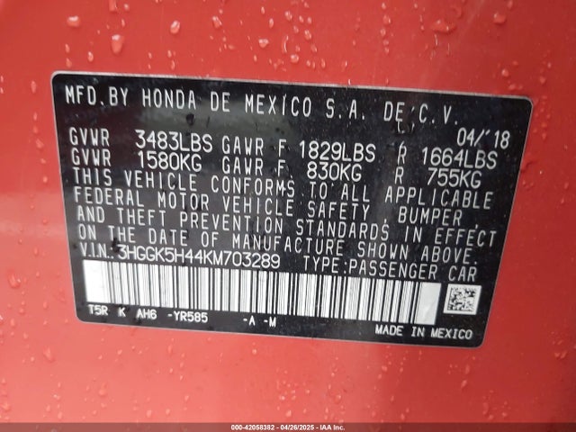 3HGGK5H44KM703289 Honda FIT LX
