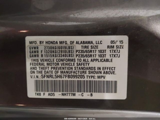 5FNRL5H67FB099205 Honda Odyssey Ex-l