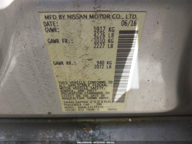 1N4AL3APXGC252166 Nissan Altima 2.5 Sv