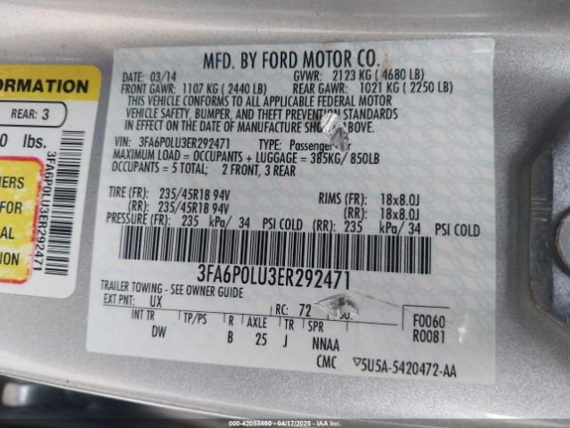 3FA6P0LU3ER292471 Ford Fusion Hybrid Se