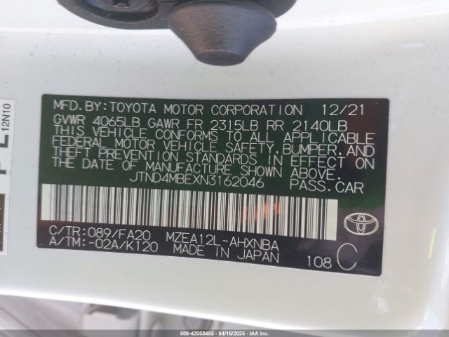 JTND4MBEXN3162046 Toyota COROLLA SE