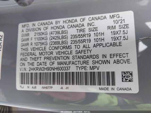 2HKRW2H90NH600337 Honda Cr-v Awd Touring