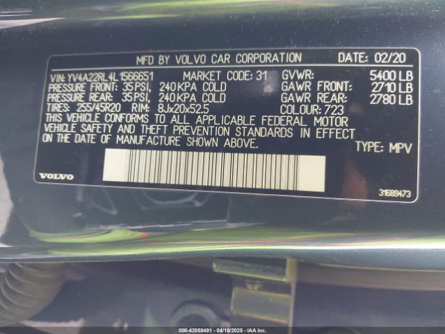 YV4A22RL4L1566651 Volvo Xc60 T6 Inscription