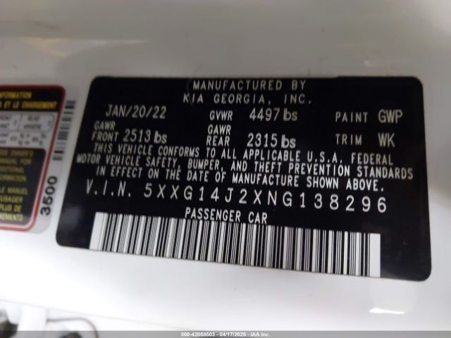 5XXG14J2XNG138296 KIA K5 LXS