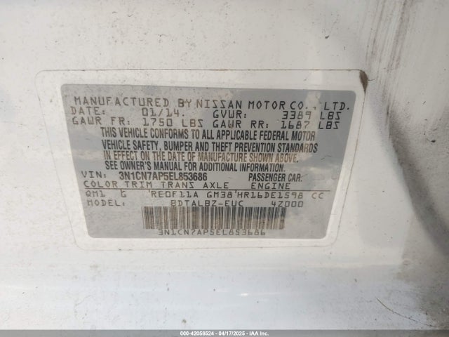 3N1CN7AP5EL853686 Nissan Versa 1.6 Sv
