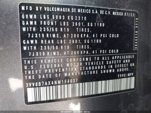 3VV8B7AX4NM154637 Volkswagen Tiguan 2.0t Se R-line Black