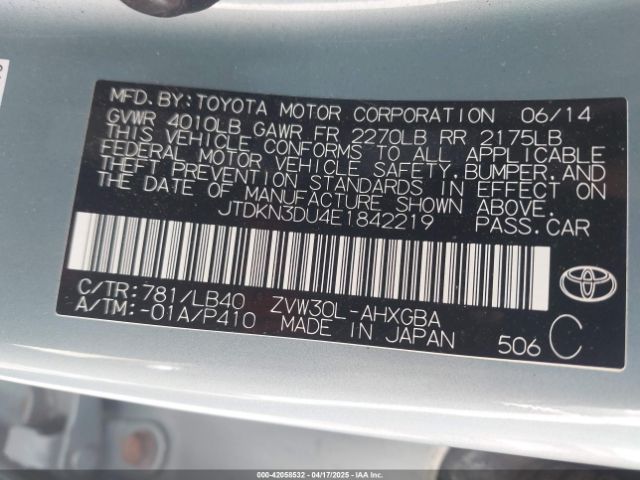 JTDKN3DU4E1842219 Toyota Prius Four