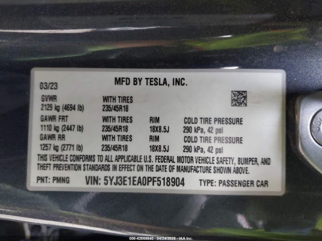 5YJ3E1EA0PF518904 Tesla Model 3 Rear-wheel Drive