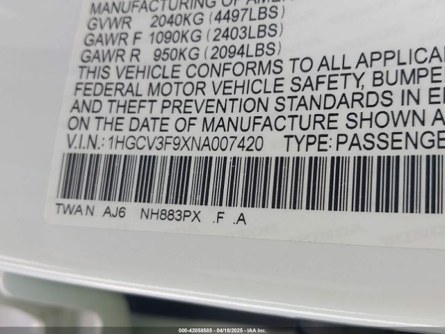 1HGCV3F9XNA007420 Honda Accord Hybrid Touring