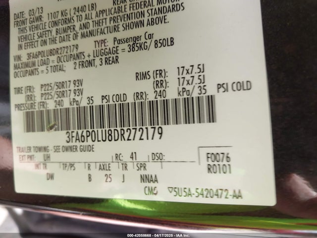 Продажа на аукционе авто 2013 Ford Fusion Hybrid Se, vin: 3FA6P0LU8DR272179, номер лота: 42058668