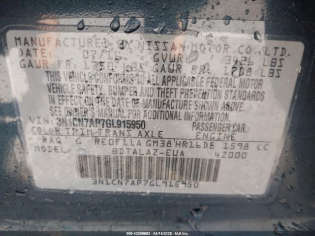 3N1CN7AP7GL915950 Nissan Versa 1.6 S+