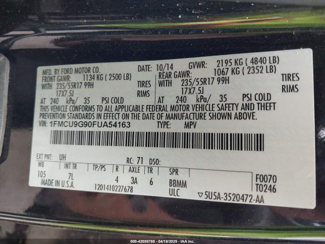 1FMCU9G90FUA54163 Ford ESCAPE SE