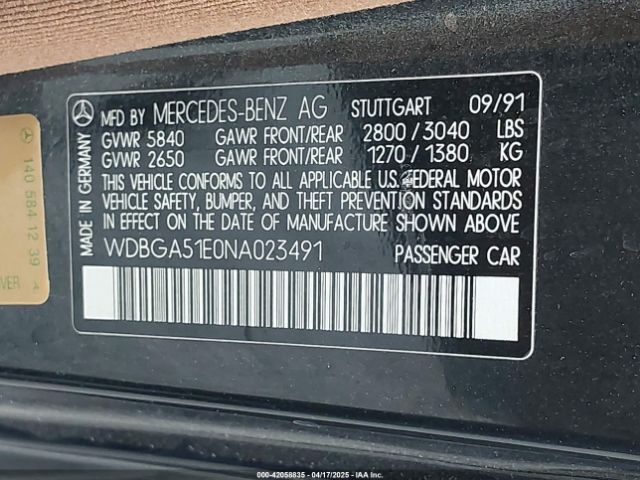 1992 MERCEDES-BENZ 500 WDBGA51E0NA023491 Photo 8