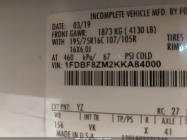 1FDBF8ZM2KKA84000 Ford Transit-350 Cab