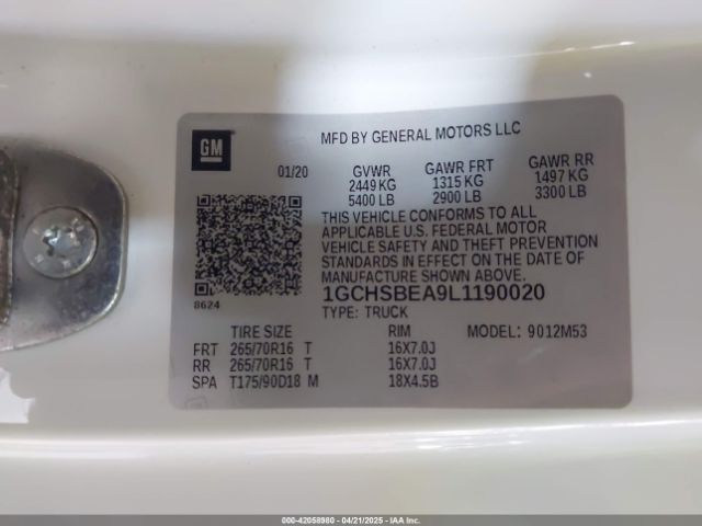 1GCHSBEA9L1190020 Chevrolet Colorado 2wd  Long Box Wt