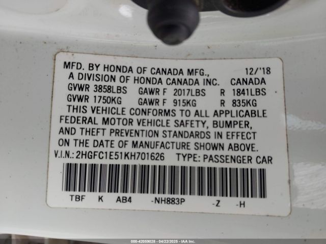 2HGFC1E51KH701626 Honda CIVIC SI