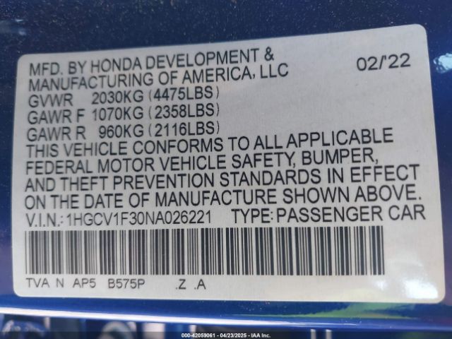 1HGCV1F30NA026221 Honda Accord Sport