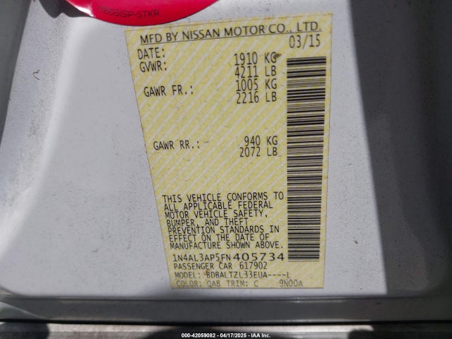 1N4AL3AP5FN405734 Nissan Altima 2.5 Sl