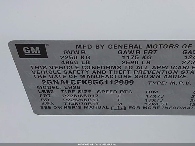Chevrolet EQUINOX LT 2016 2GNALCEK9G6112909 Image 9