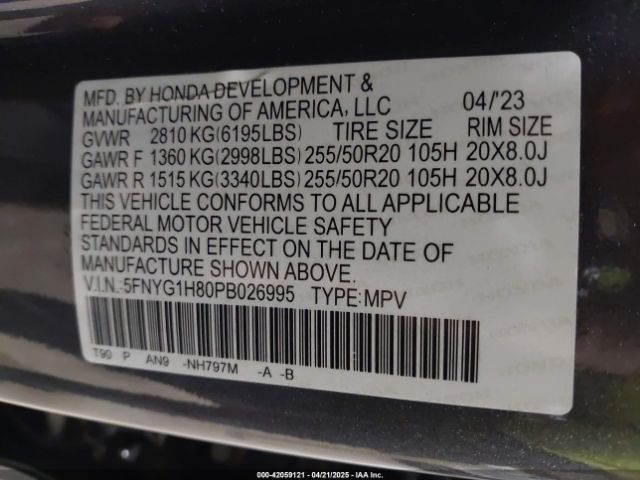 5FNYG1H80PB026995 Honda Pilot Awd Elite