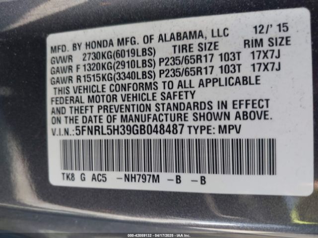 5FNRL5H39GB048487 Honda ODYSSEY SE