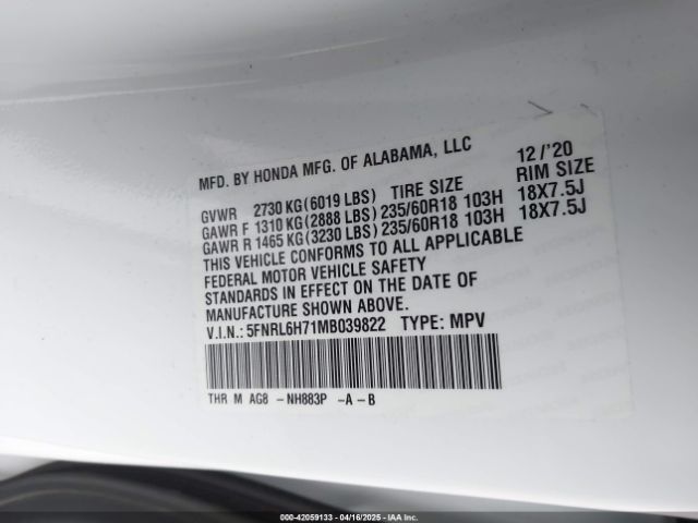 5FNRL6H71MB039822 Honda Odyssey Ex-l
