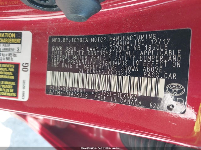 Toyota COROLLA LE 2018 2T1BURHE3JC030232 Image 9