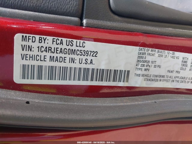 1C4RJEAG0MC539722 Jeep Grand Cherokee Laredo X 4x2