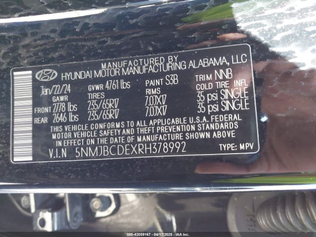 5NMJBCDEXRH378992 Hyundai TUCSON SEL